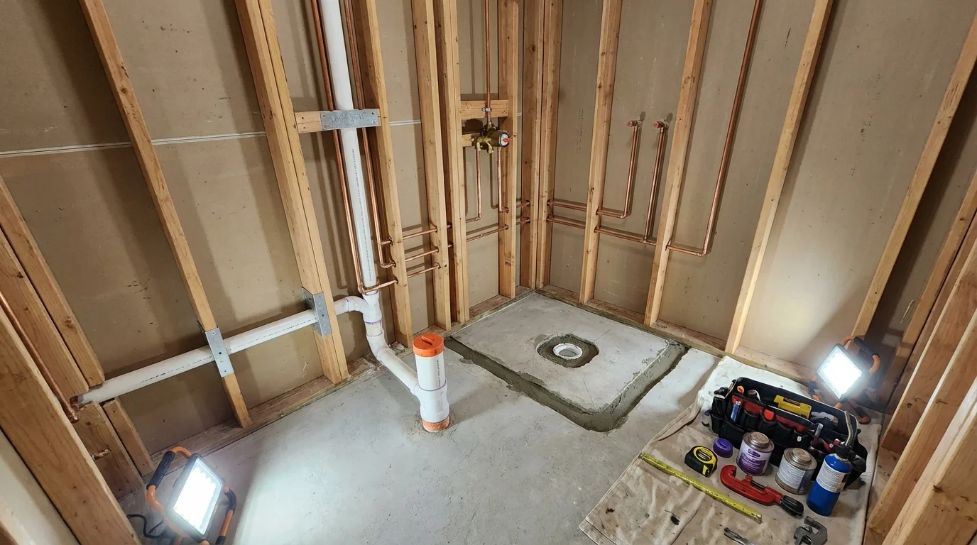 Bathroom rough-in plumbing during remodel by Johns Plumbing LLC in Charlotte