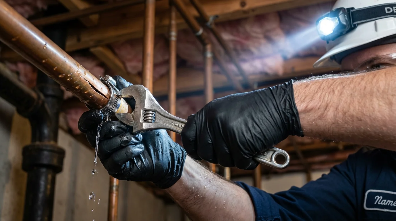 Emergency pipe clamp repair being performed by a Johns Plumbing LLC plumber in Charlotte