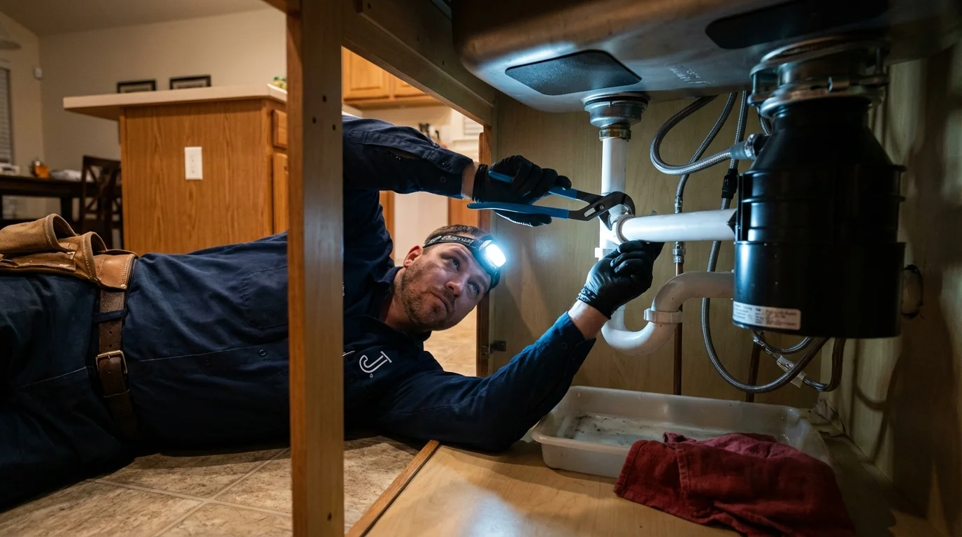 P-trap and supply line connections under a kitchen sink showing a common leak point in Charlotte, MI